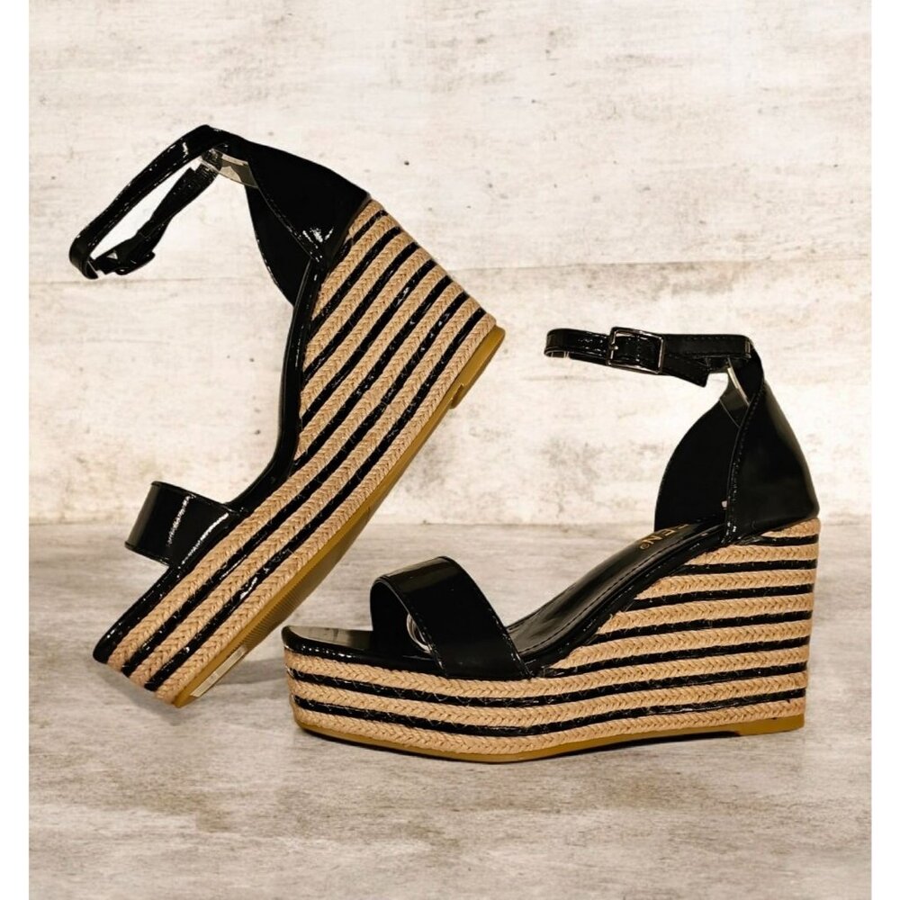 Black Patent Leather Espadrille Wedge Sandals With Ankle Strap & Buckle